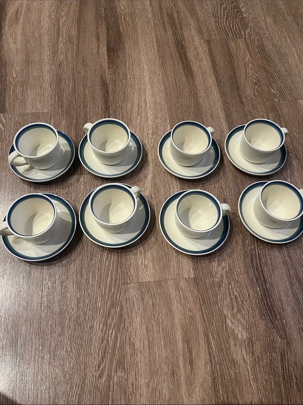Set of 8 Pfaltzgraff Northwinds White Ceramic Mugs and Saucers with Navy Rim